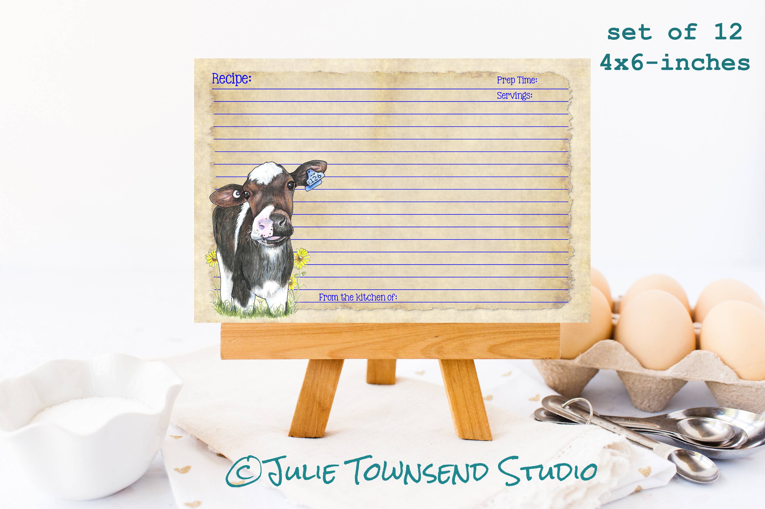 Set of 12 Cute Cow Recipe Cards